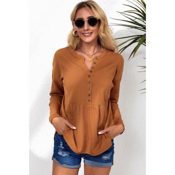 Azura Exchange Waffle Knit Half Button Henley Top - L