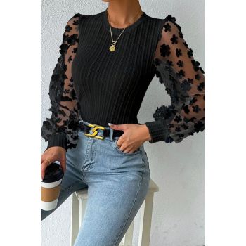 Azura Exchange Textured Knit Blouse with Floral Applique Mesh Sleeves - L