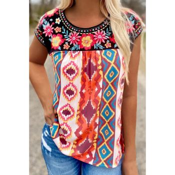 Azura Exchange Floral Aztec Geometric Cap Sleeve Top - L