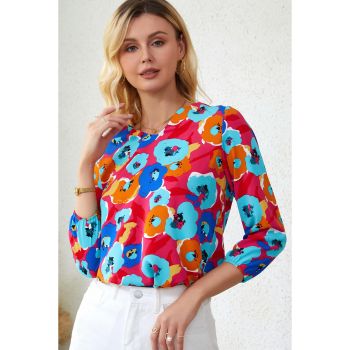 Azura Exchange V Neck 3/4 Sleeve Floral Print Blouse - L