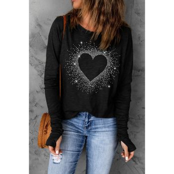 Azura Exchange Rhinestone Heart Print Long Sleeve Top - M