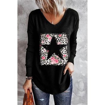 Azura Exchange Leopard Floral Star Print V Neck Top - M