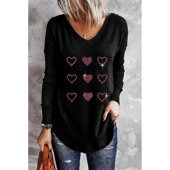 Azura Exchange Rhinestone Heart Pattern Long Sleeve Tee - M