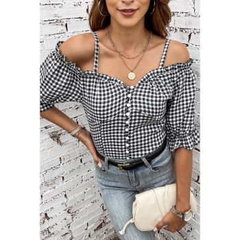 Azura Exchange Gingham Cold Shoulder Blouse - L