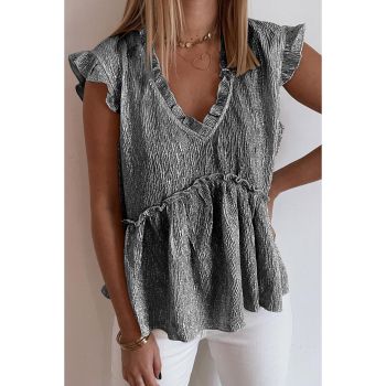 Azura Exchange Metallic Crinkle Blouse with Frilled V Neck - L