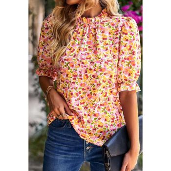 Azura Exchange Floral Ruffle Mock Neck Blouse - L