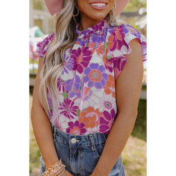 Azura Exchange Flutter Sleeves Floral Top with Stand Collar - L