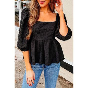 Azura Exchange Textured Square Neck Puff Sleeve Peplum Blouse - L