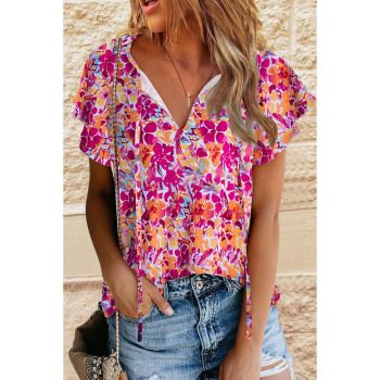 Azura Exchange Floral Print Top with Flutter Sleeves - L