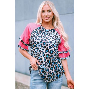 Azura Exchange Layered Ruffle Sleeves Patchwork Leopard Print Blouse - L