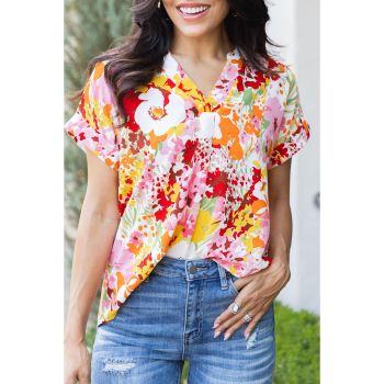 Azura Exchange Floral Print V Neck Short Sleeves Top - L