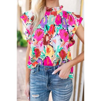 Azura Exchange Abstract Floral Print Frilled Neck Pleated Blouse - L