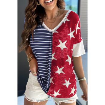 Azura Exchange Stripes Stars Print Knit Short Sleeves Top - L