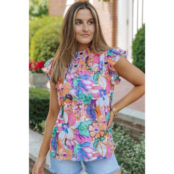 Azura Exchange Flutter Sleeves Smocked Neck Blouse with Floral Print - L