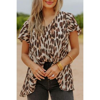 Azura Exchange Leopard/Abstract Print V Neck Top with Flutter Sleeves - L