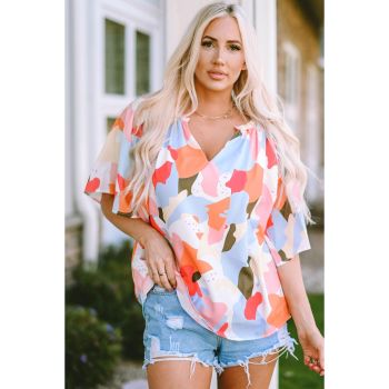 Azura Exchange Floral Print V Neck Half Sleeve Blouse - L