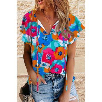 Azura Exchange Floral Print Drawstring V Neck Short Sleeve Blouse - L