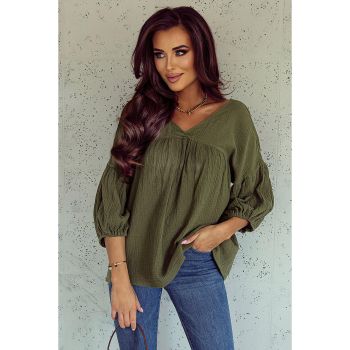 Azura Exchange Textured V Neck Bracelet Sleeve Babydoll Blouse - L