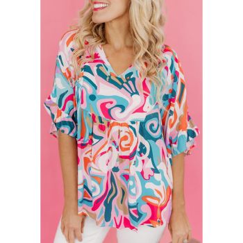 Azura Exchange Abstract Print Ruffle V Neck Blouse - M