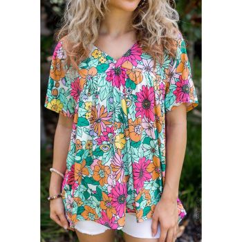 Azura Exchange Floral Print Short Sleeve Babydoll Blouse - L