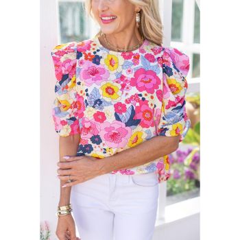 Azura Exchange Floral Ruched Puff Sleeve Blouse - L