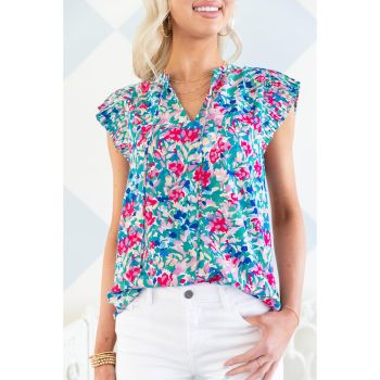 Azura Exchange Pleated Flutter Sleeve Tie V Neck Floral Blouse - L