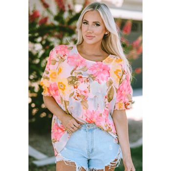 Azura Exchange Floral Blouse with Shirred Cuff Sleeves - M