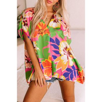 Azura Exchange Loose Fit Floral Print V Neck Tunic Blouse - M