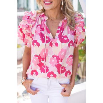 Azura Exchange Ruffled Floral Top with Split Neck and Puff Sleeves - L