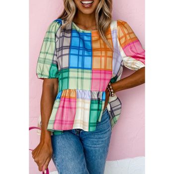 Azura Exchange Bold Plaid Color Block Puff Sleeve Peplum Top - XL