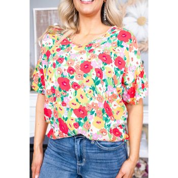 Azura Exchange Ruffled V Neck Floral Print Blouse - L