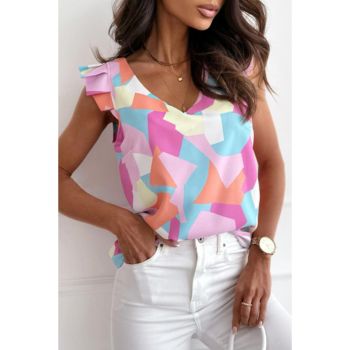 Azura Exchange Geometric Print V-Neck Pleated Cap Sleeve Top - L