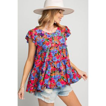 Azura Exchange Floral Print Ruffle Tiered Short Sleeve Babydoll Top - L