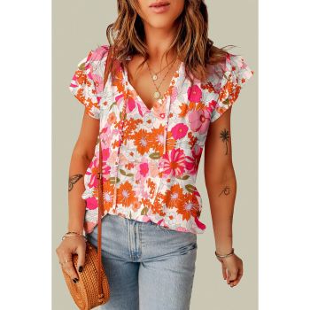 Azura Exchange Floral Ruffle Sleeve Blouse with Split V-Neck - L