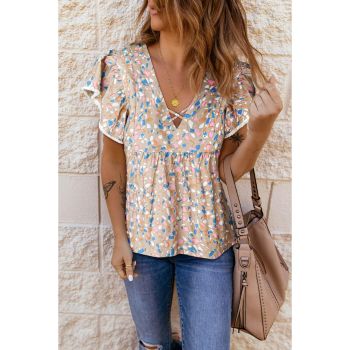 Azura Exchange Crisscross V Neck Ruffle Sleeve Printed Flowy Blouse - L