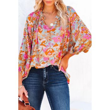 Azura Exchange Floral Print Loose Fit V Neck Blouse - L