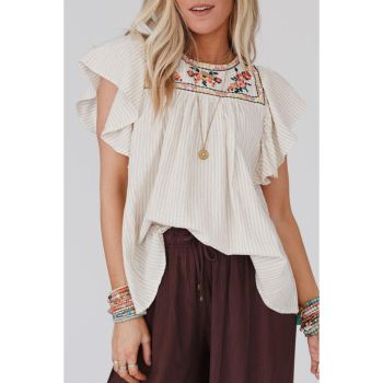 Azura Exchange Ruffled Sleeve Embroidered Blouse with Stripe Detail - L