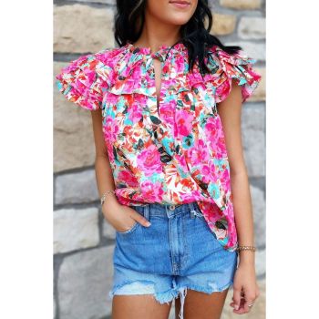 Azura Exchange Ruffle Flutter Sleeve Floral Print Blouse - L