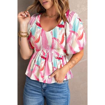 Azura Exchange Puff Sleeve Peplum Top with Abstract Print - L