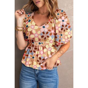 Azura Exchange Flower Print Puff Sleeve Peplum Top - L