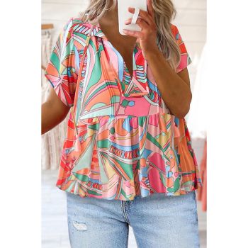 Azura Exchange Abstract Pattern Split V Neck Flowy Blouse - L