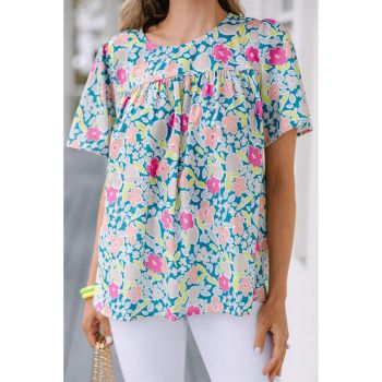 Azura Exchange O-Neck Short Sleeve Floral Print Babydoll Blouse - L