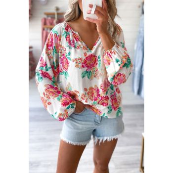 Azura Exchange Pleated Puff Sleeve Blouse with V Neck and Floral Design - L