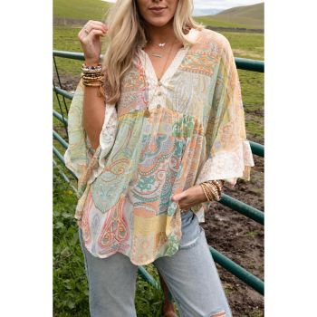 Azura Exchange Paisley Print Bell Sleeve Sheer Blouse - L