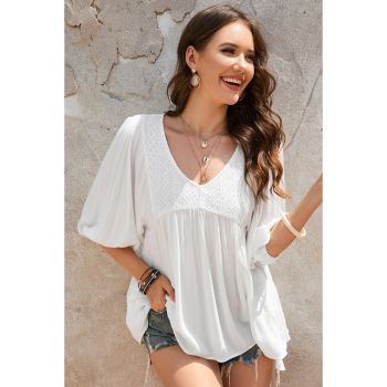 Azura Exchange V-Neck Bracelet Sleeve Ruffle Blouse - L