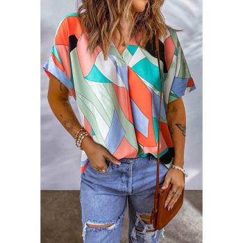 Azura Exchange Irregular Color Block Printed Short Sleeve Blouse - L