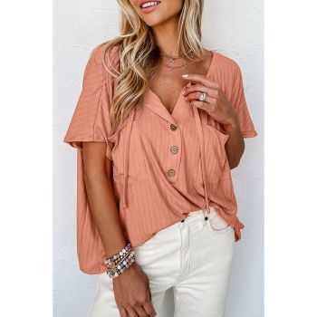 Azura Exchange Textured Loose Top with Notched V Neck and Buttoned Front - M