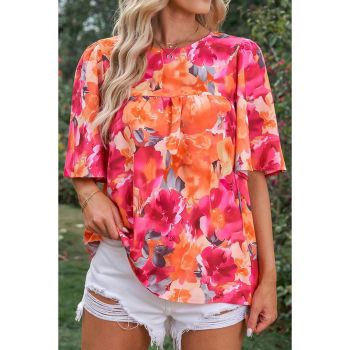 Azura Exchange Wide Sleeve Floral Print Blouse - L