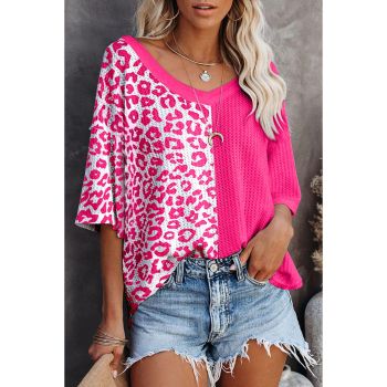 Azura Exchange Waffle Knit Leopard Solid Contrasting Blouse - S