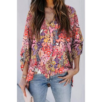 Azura Exchange Boho Floral Long Sleeve V-Neck Blouse - M